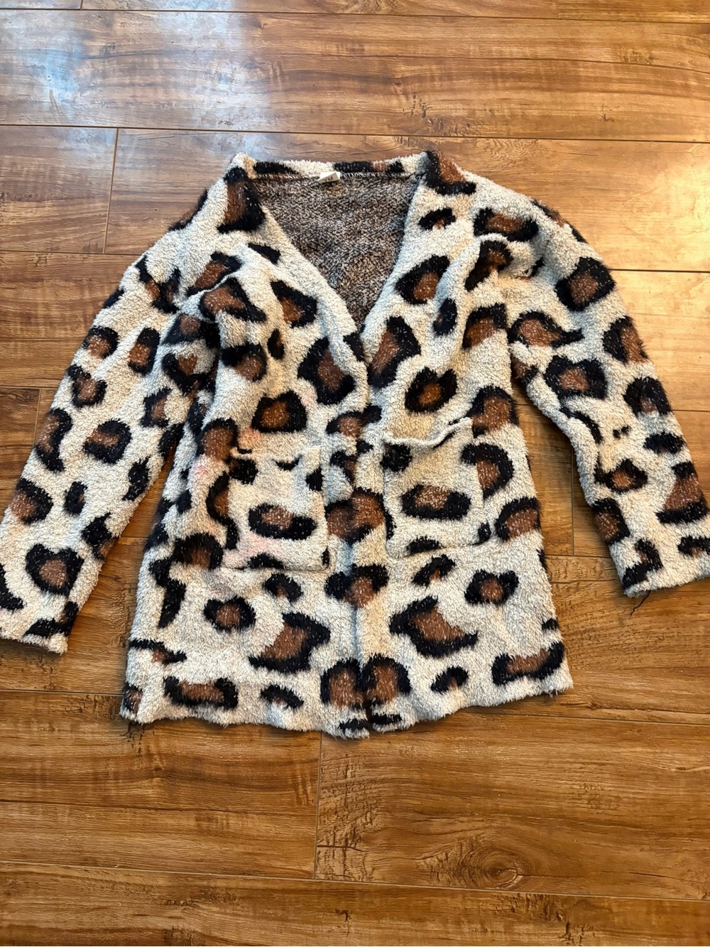 Leopard Print Fuzzy Open-Front Kids Jacket - Cream & Brown